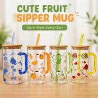 Cute Fruit Glass Sipper Mug with Bamboo Lid & Matching Glass Straw