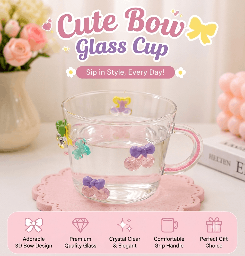 Cherry Glass Cup with Handle – 3D Bow Design Drinking Mug