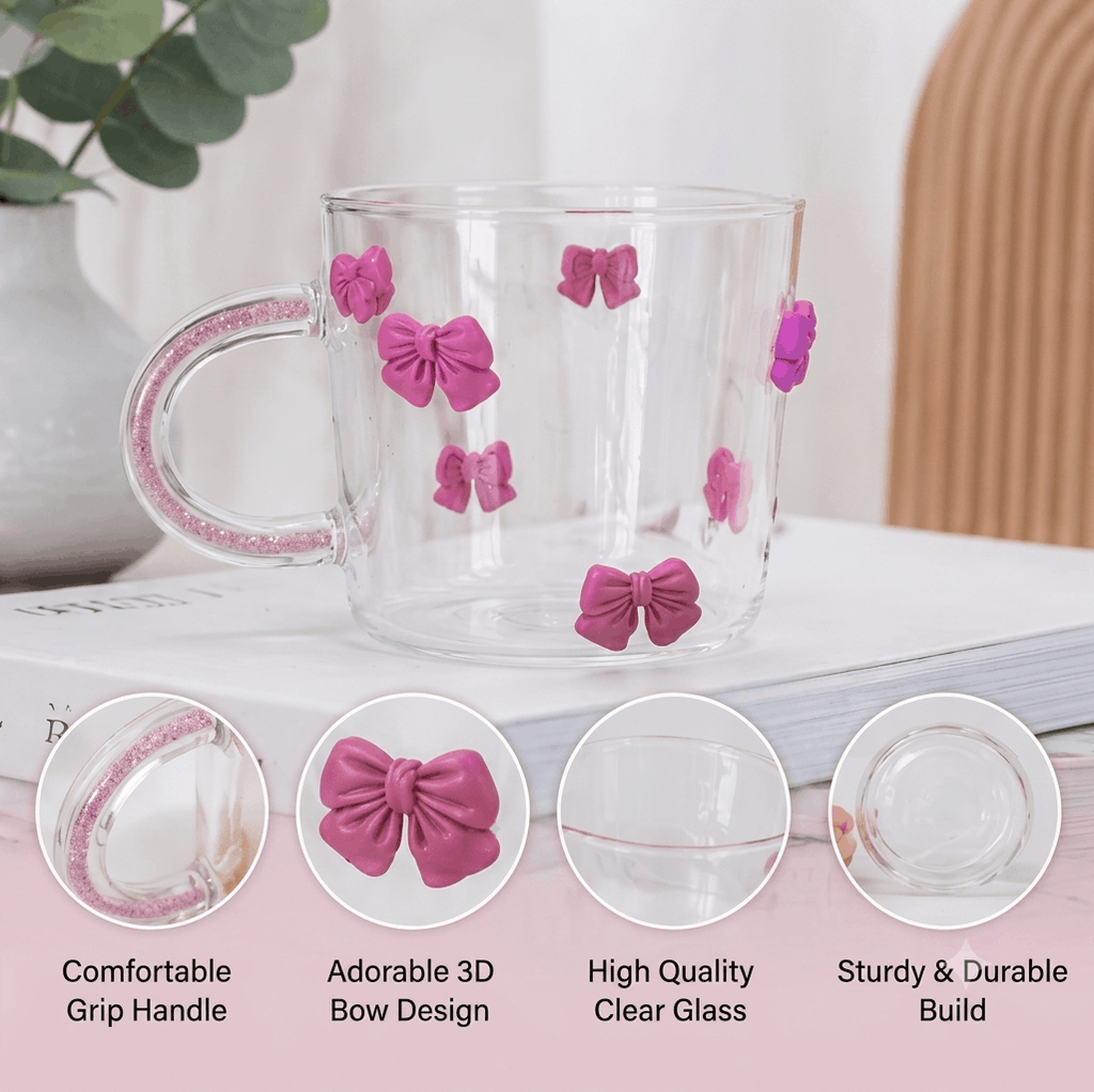 Cute Bow Glass Cup with Comfortable Handle – Elegant Drinking Mug