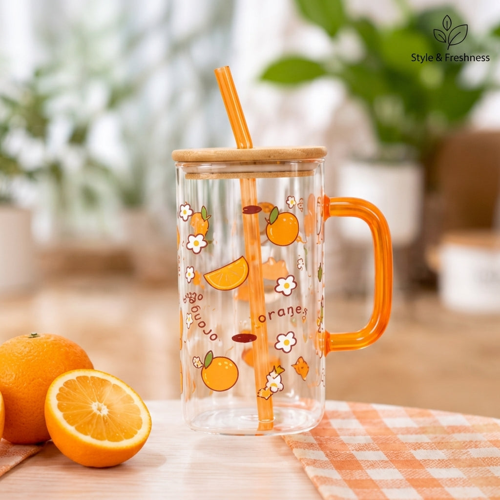 Cute Fruit Glass Sipper Mug with Bamboo Lid & Matching Glass Straw