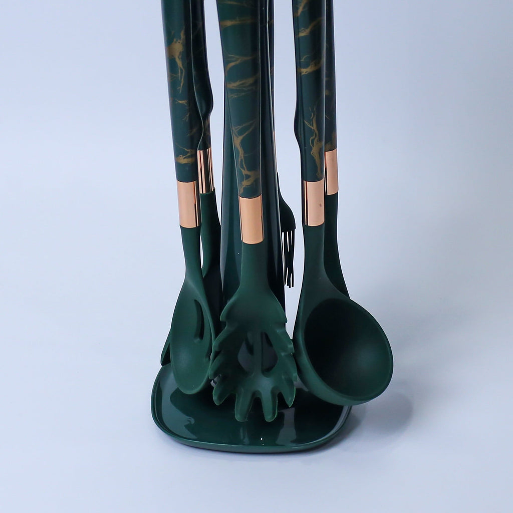 Premium Green/Black Silicone Kitchen Utensil Set with Marble Design and Rose Gold Accents - 7 Pieces