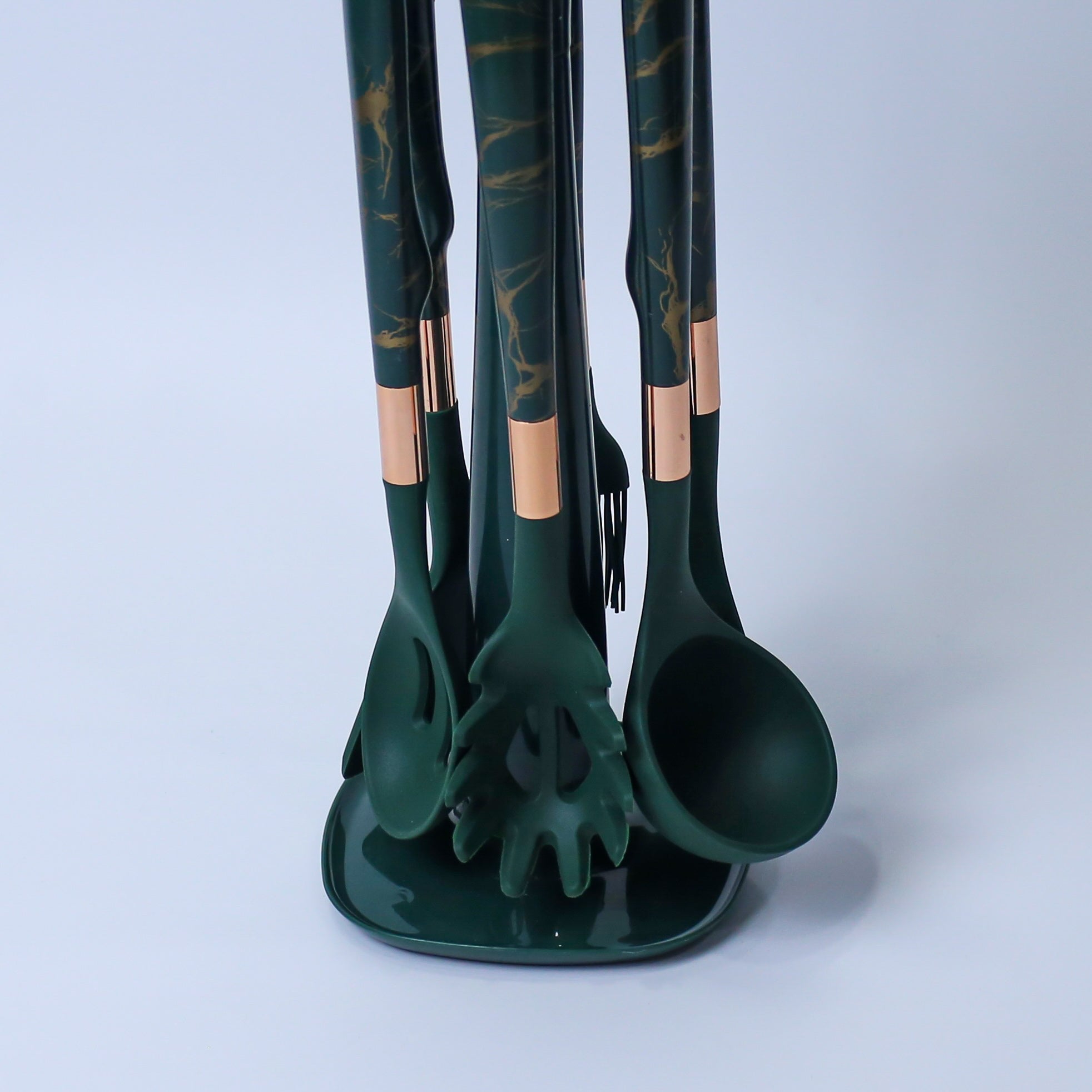 Premium Green/Black Silicone Kitchen Utensil Set with Marble Design and Rose Gold Accents - 7 Pieces