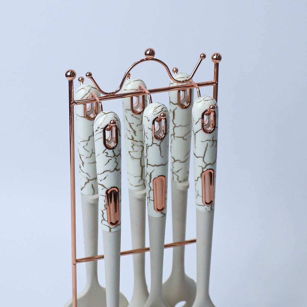Elegant White/Black Marble Effect Silicone Kitchen Utensil Set - 7 Pieces