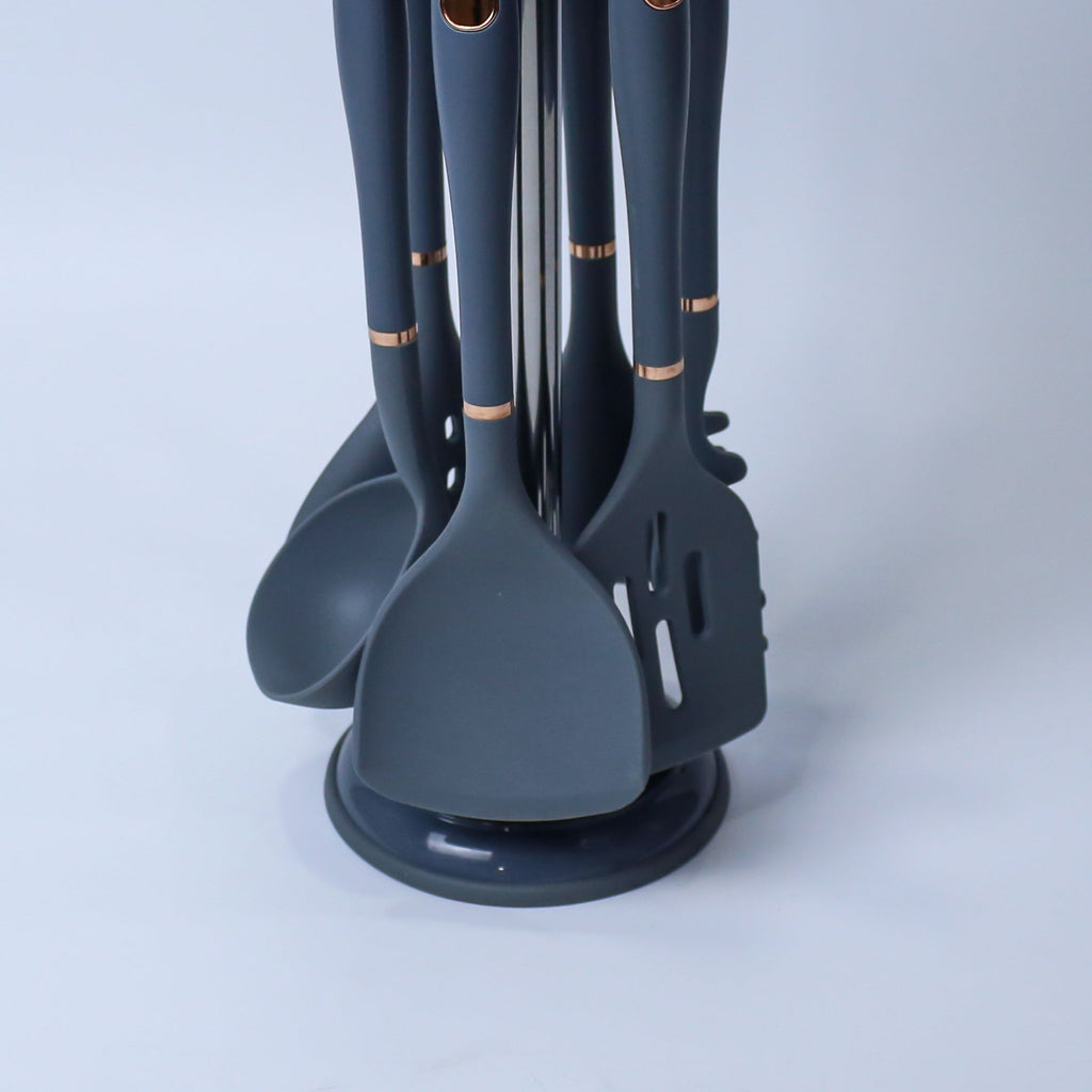 Premium Beige/Dark Slate Blue  Silicone Kitchen Utensil Set with Rotating Stand - 7 Pieces