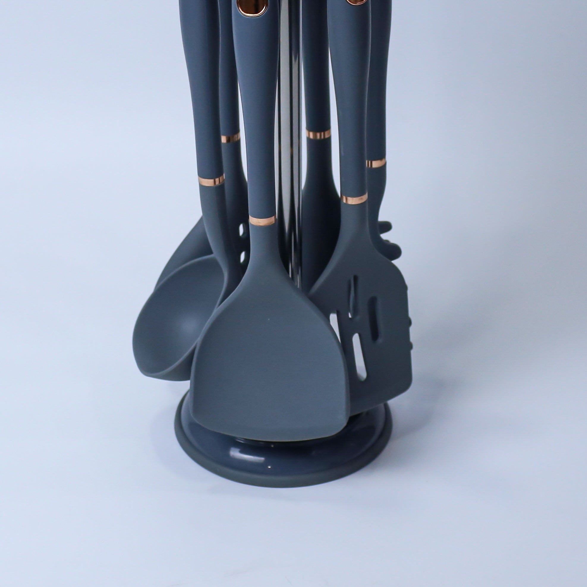 Premium Beige/Dark Slate Blue  Silicone Kitchen Utensil Set with Rotating Stand - 7 Pieces