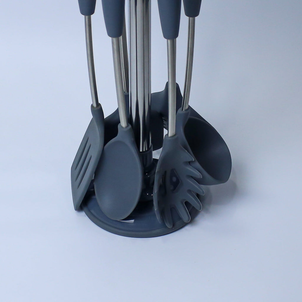 Premium Dark Slate Blue/Sea Green  Silicone Kitchen Utensil Set with Rotating Stand - 7 Pieces