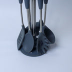Premium Dark Slate Blue/Sea Green  Silicone Kitchen Utensil Set with Rotating Stand - 7 Pieces
