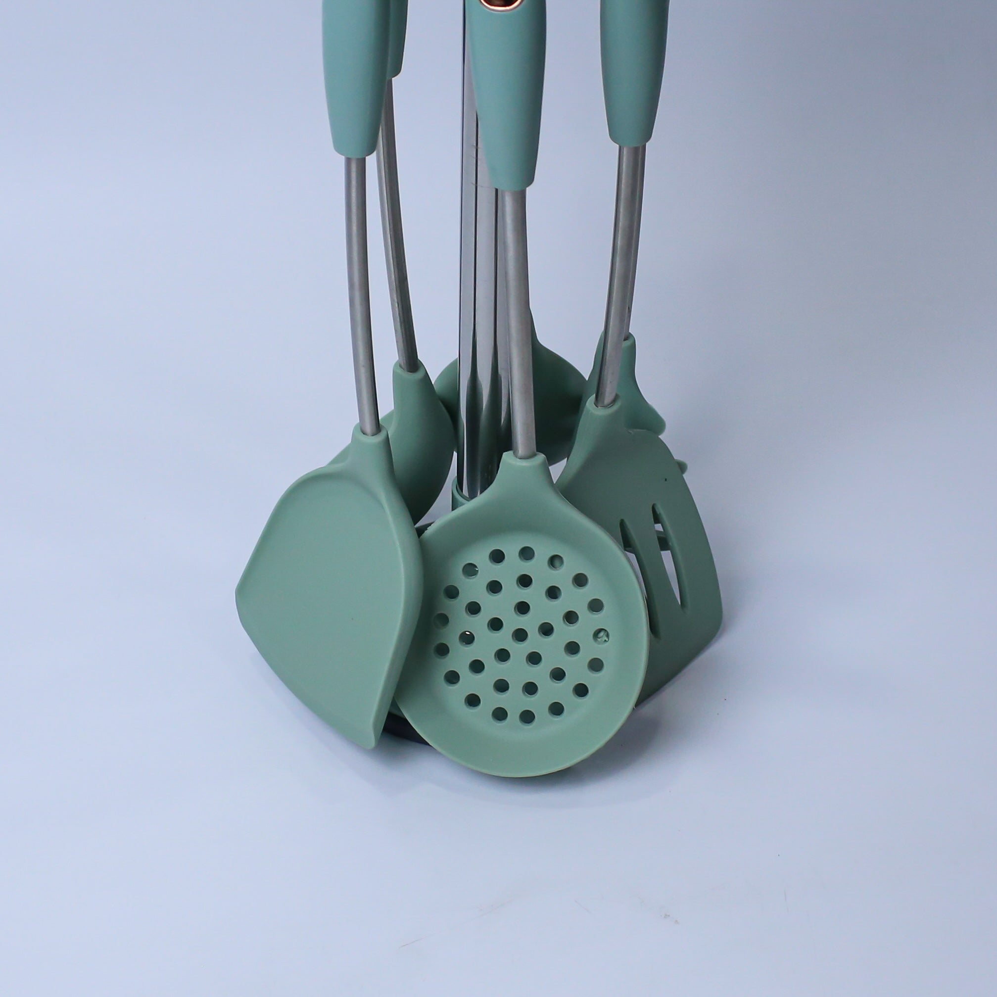Premium Dark Slate Blue/Sea Green  Silicone Kitchen Utensil Set with Rotating Stand - 7 Pieces