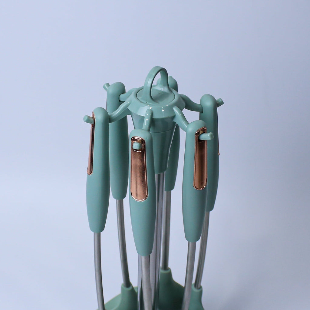 Premium Dark Slate Blue/Sea Green  Silicone Kitchen Utensil Set with Rotating Stand - 7 Pieces