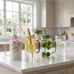 400ml Square Glass Tumbler with Handle, Lid & Straw – Aesthetic Reusable Juice & Coffee Cup