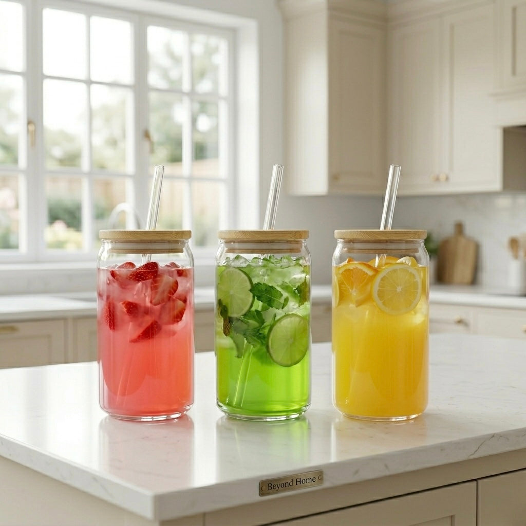 500ml Aesthetic Glass Jar with Bamboo Lid & Straw | Reusable Drink Bottle