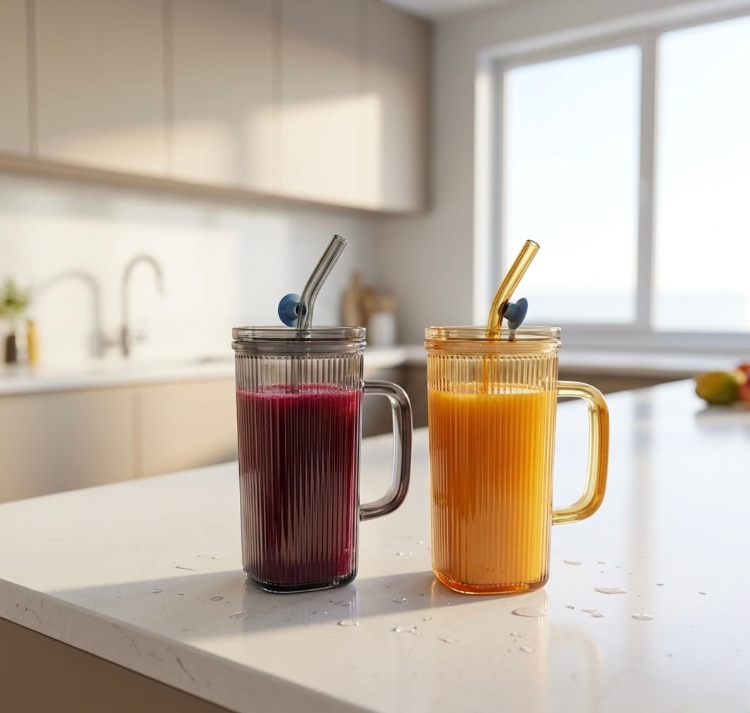 Glass Tumbler with Straw & Handle – Ribbed Design Smoothie & Juice Cup 250ml