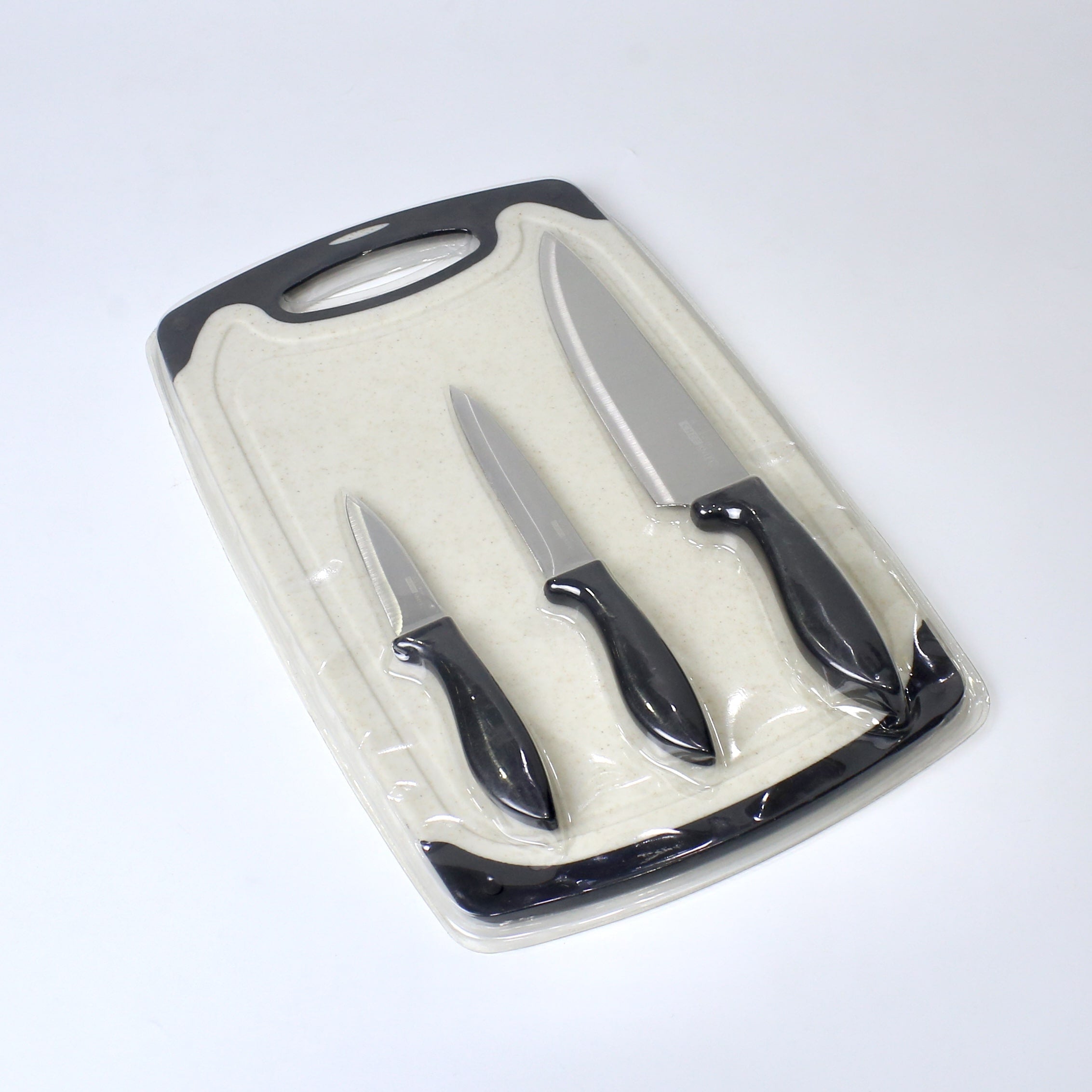 4-Piece Knife Set with Cutting Board – 3 Stainless Steel Knives in Varying Sizes + Chopping Board