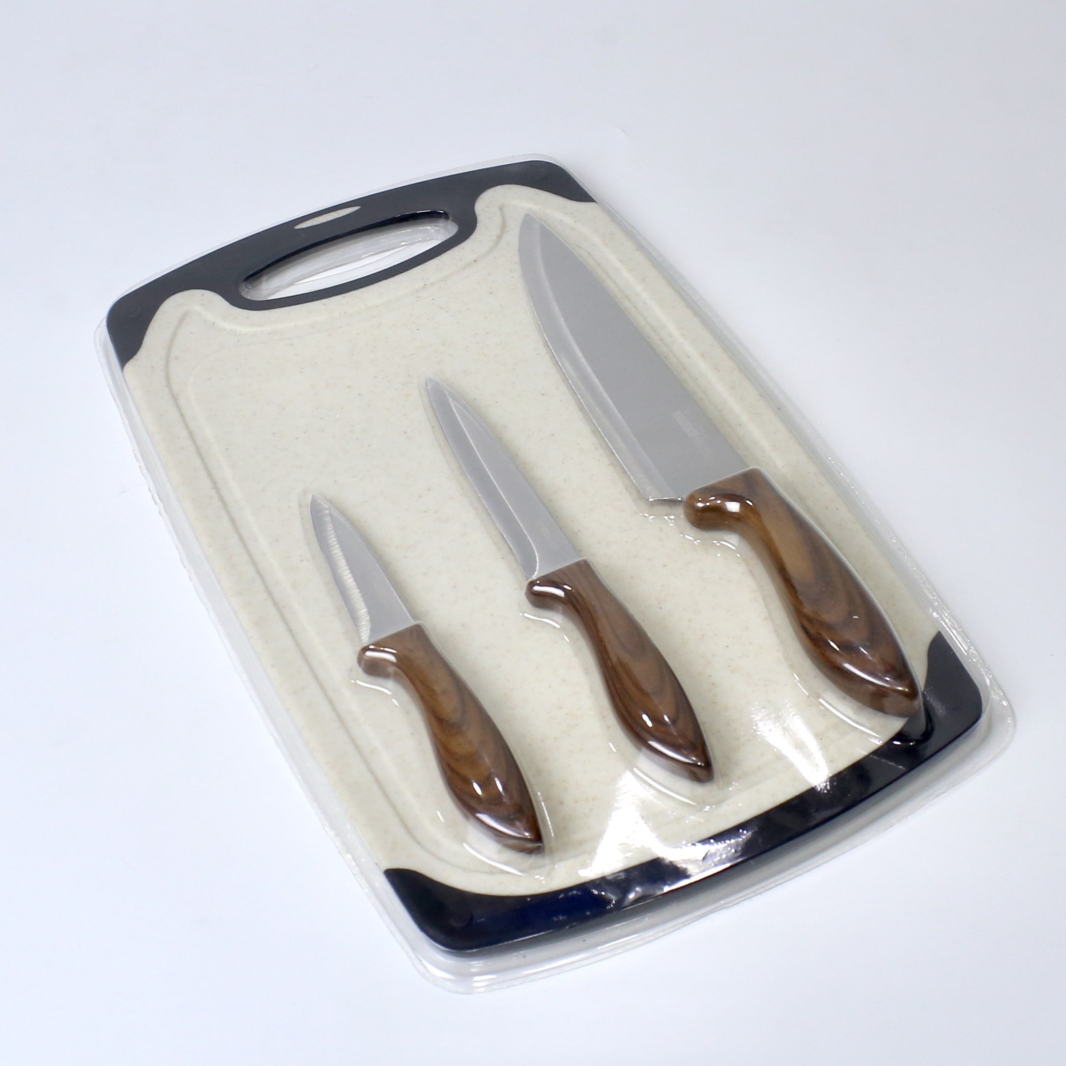 4-Piece Knife Set with Cutting Board – 3 Stainless Steel Knives in Varying Sizes + Chopping Board