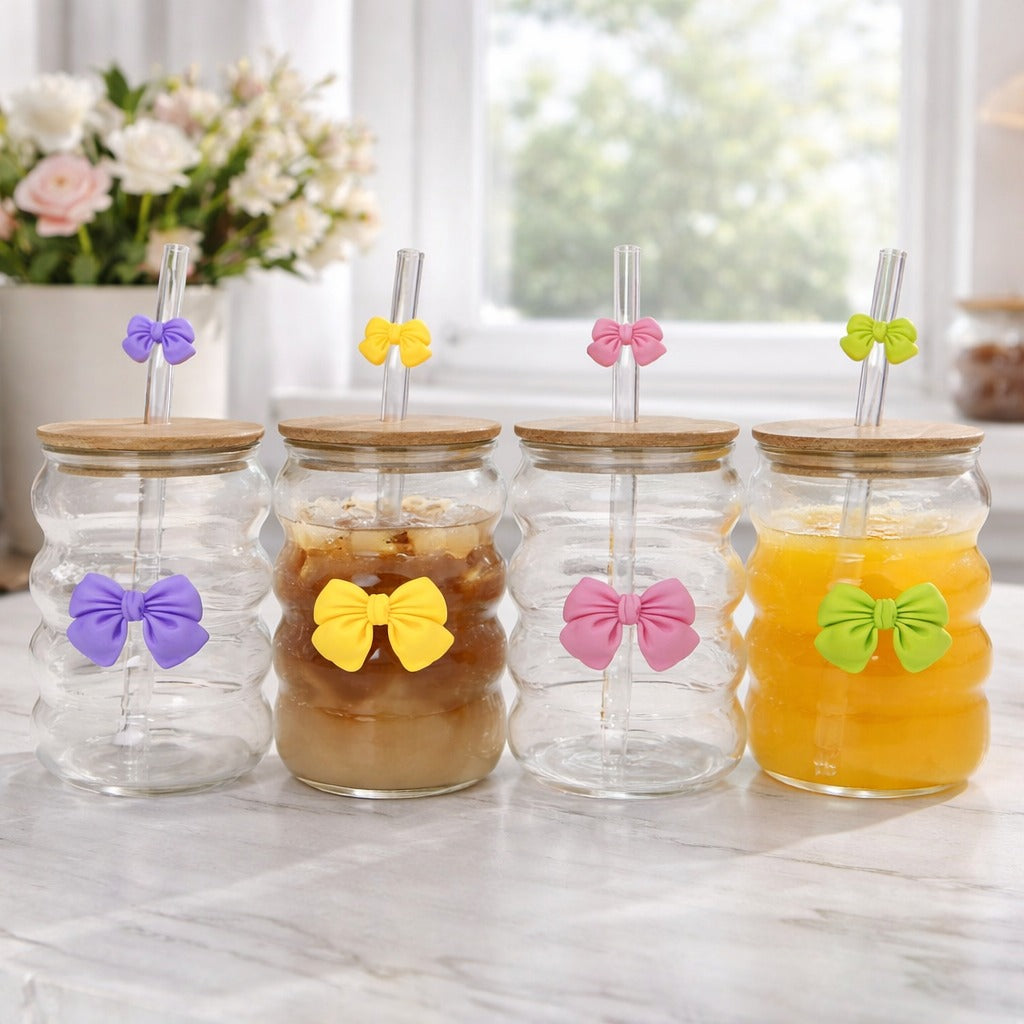 300 ML Wavy Butterfly Glass Tumblers Set with Bamboo Lid & Straw –  Aesthetic Drinkware for Coffee, Juice & Milk