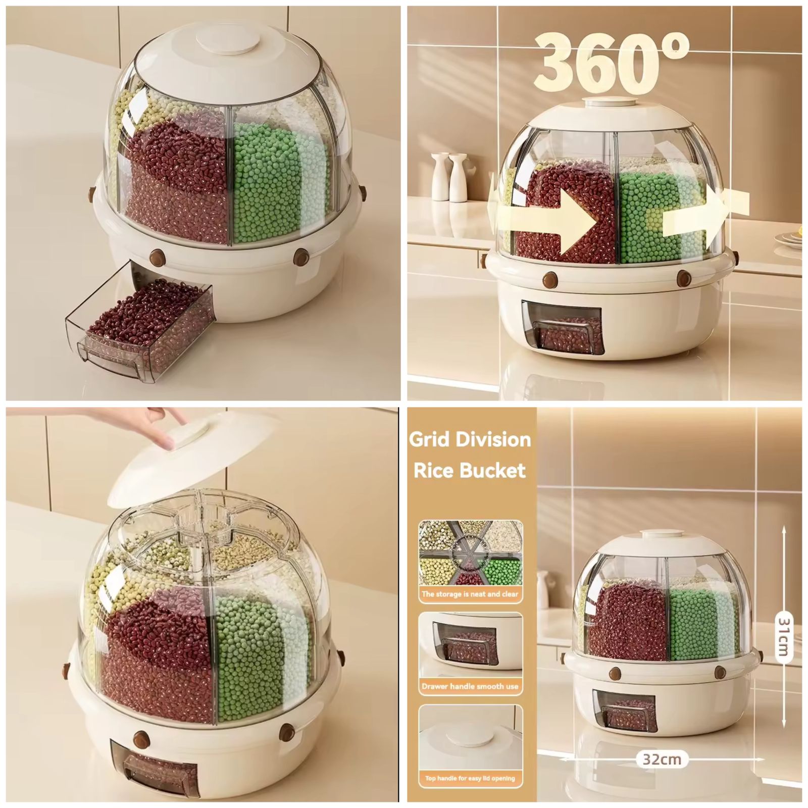 Premium 360° Rotating Grain Dispenser | Airtight Multi-Section Storage Container