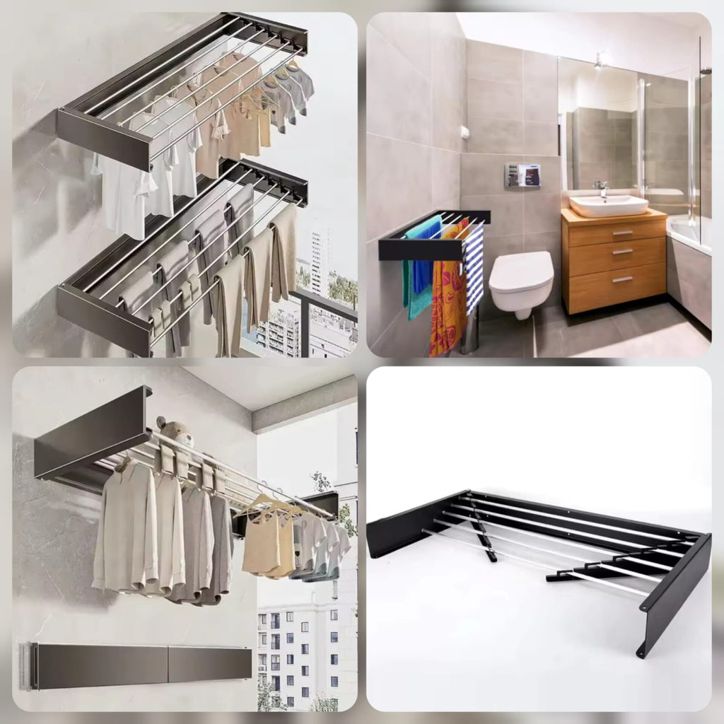 Wall Mounted Foldable Drying Rack with Clothes Hanger Rails