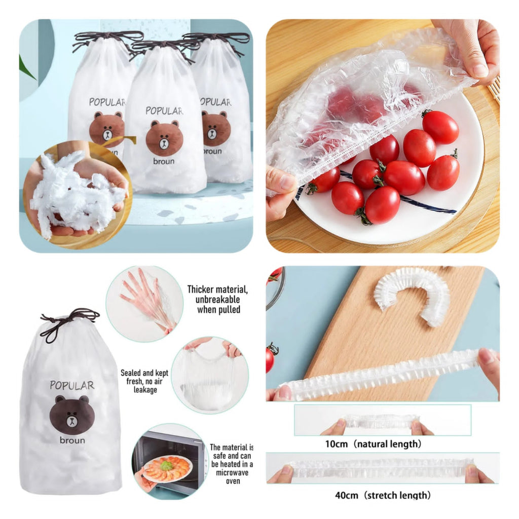 Elastic Food Storage Covers Set – Bear Drawstring Bag (Approx 100 Pcs)