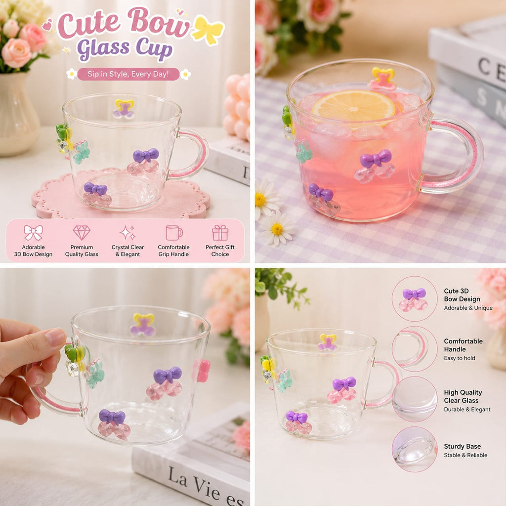 Cherry Glass Cup with Handle – 3D Bow Design Drinking Mug