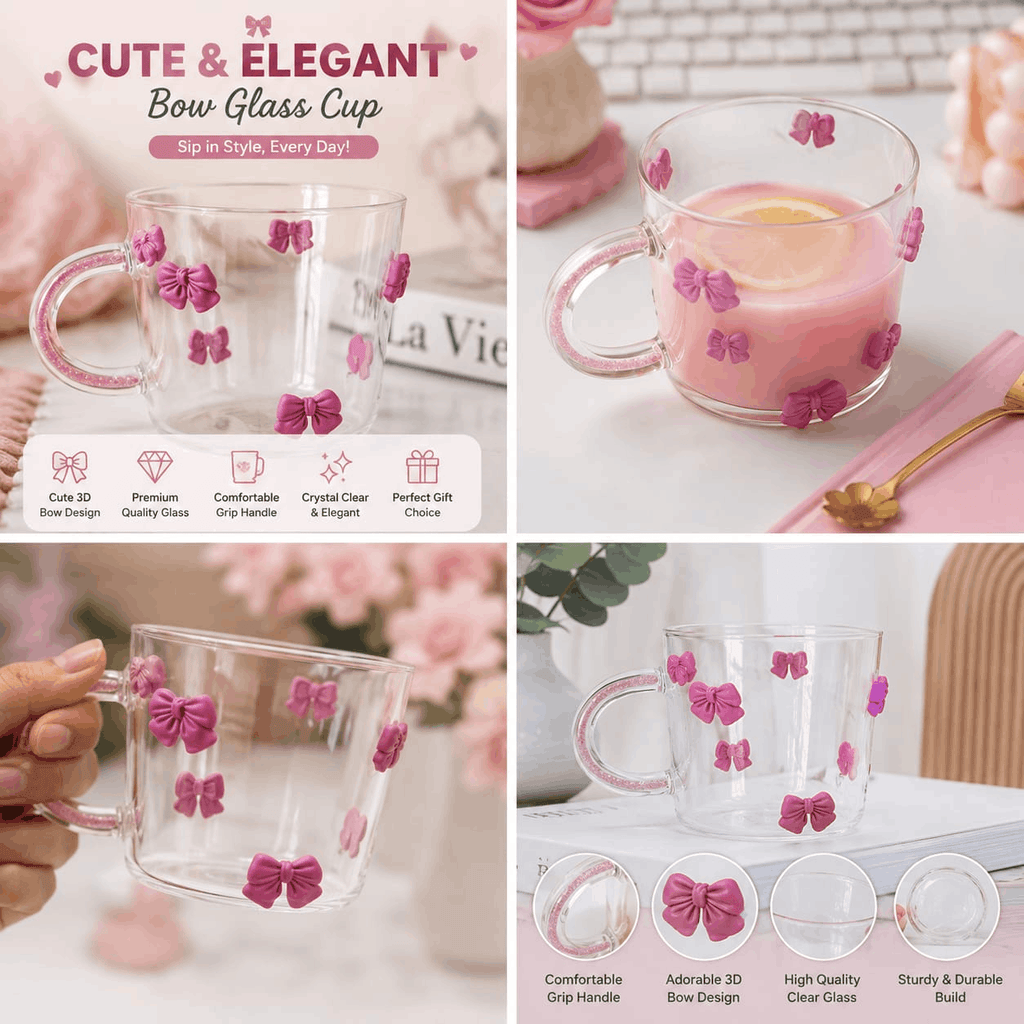 Cute Bow Glass Cup with Comfortable Handle – Elegant Drinking Mug