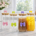 500 ML Butterfly Glass Tumblers Set with Bamboo Lid & Straw | Drinkware for Coffee, Juice & Milk