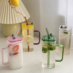 400ml Square Glass Tumbler with Handle, Lid & Straw – Aesthetic Reusable Juice & Coffee Cup