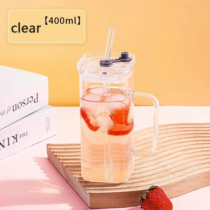 400ml Square Glass Tumbler with Handle, Lid & Straw – Aesthetic Reusable Juice & Coffee Cup