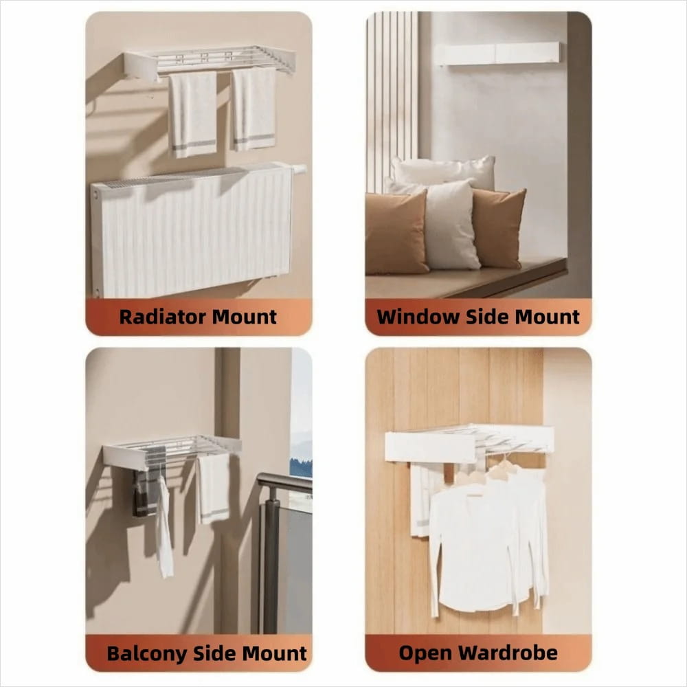 Wall Mounted Foldable Drying Rack with Clothes Hanger Rails