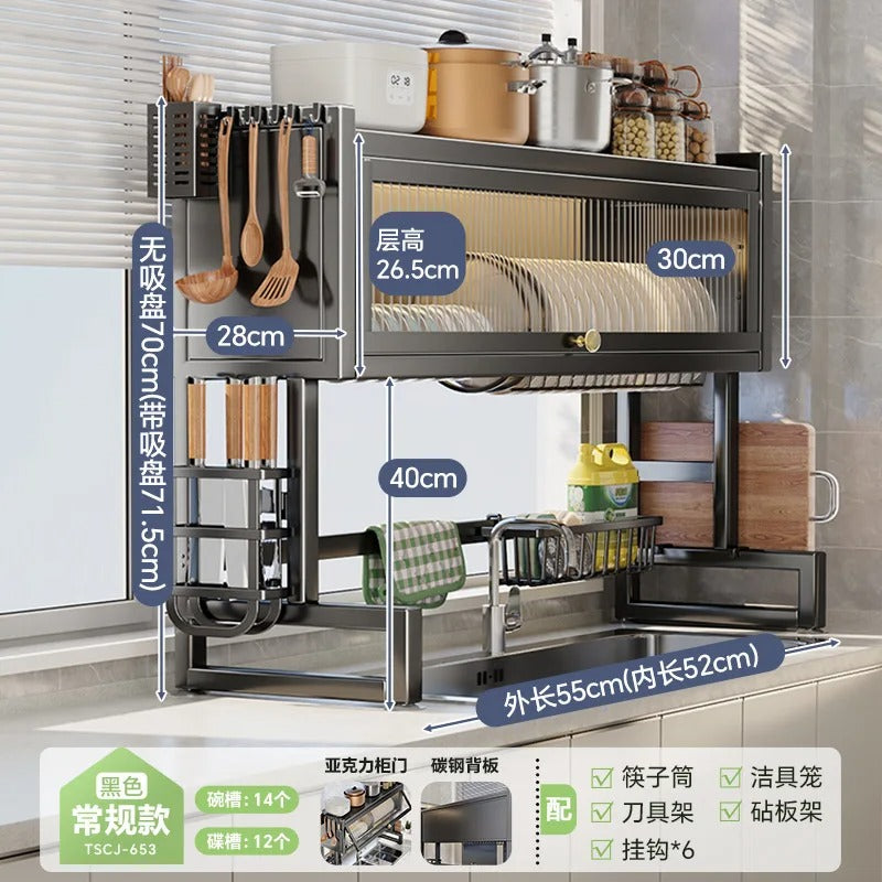 Over the Sink Cabinet Dish Drying Rack | Multifunctional Kitchen Storage Organizer with Dustproof Sliding Cover