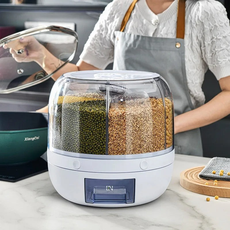 360° Rotating Grain Dispenser | Multi-Compartment Rice & Cereal Storage Container