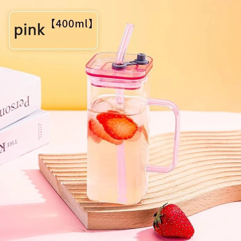 400ml Square Glass Tumbler with Handle, Lid & Straw – Aesthetic Reusable Juice & Coffee Cup