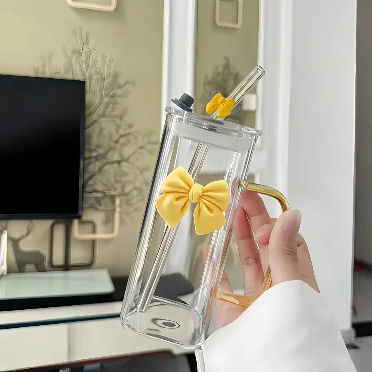 400 ML Elegant Butterfly Glass Tumbler with Straw & Handle – Reusable Aesthetic Coffee & Juice Cup