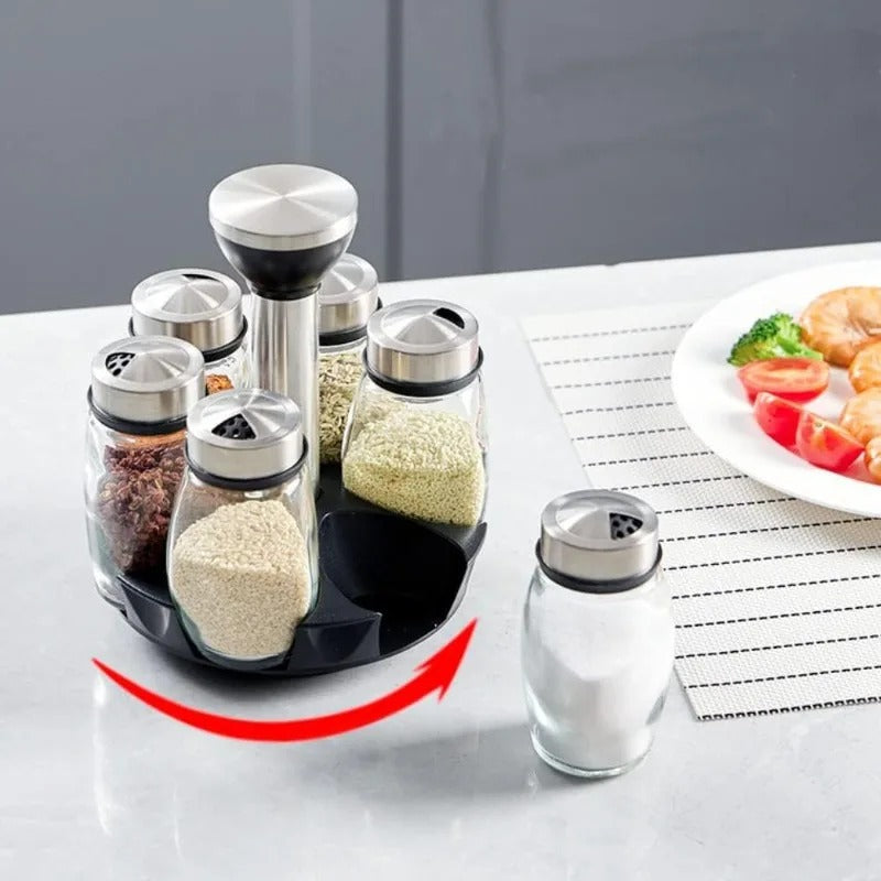 6-Piece Rotating Spice Jar Set with Stainless Steel Lids – 360° Revolving Rack
