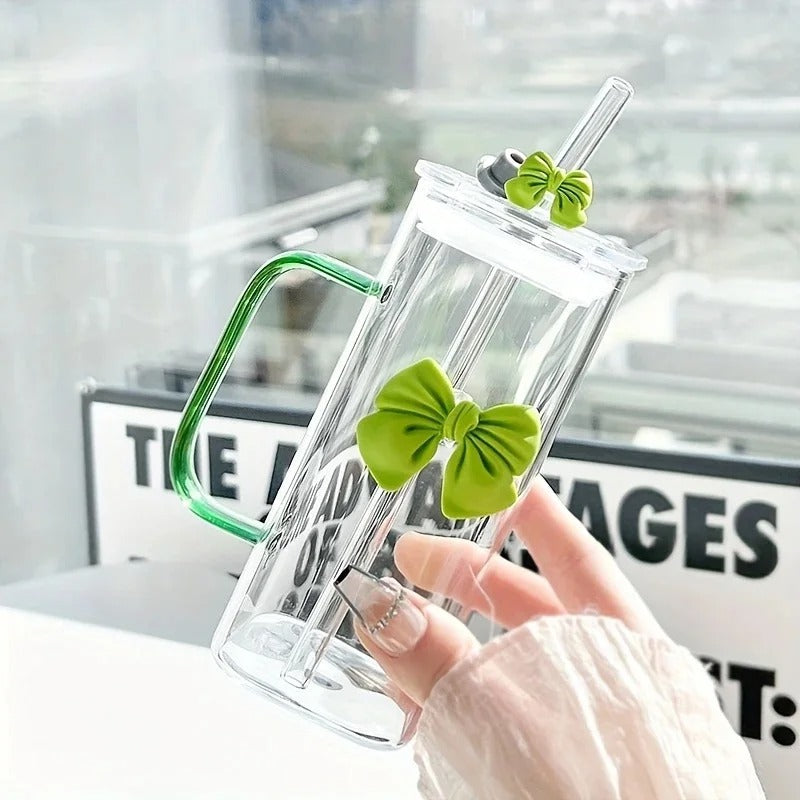 400 ML Elegant Butterfly Glass Tumbler with Straw & Handle – Reusable Aesthetic Coffee & Juice Cup