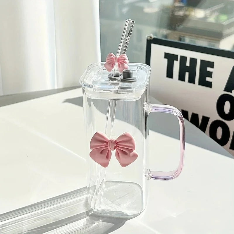 400 ML Elegant Butterfly Glass Tumbler with Straw & Handle – Reusable Aesthetic Coffee & Juice Cup